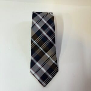Tommy Hilfiger Mens Silk Tie Navy Blue Brown Grey Plaid Check RN121148 3.5 Inch